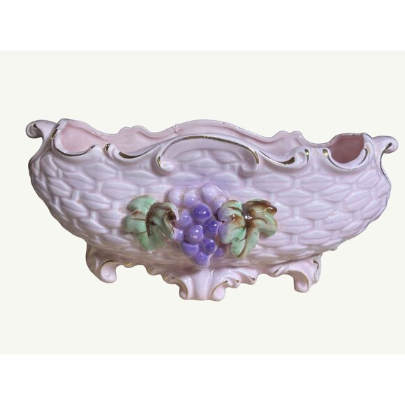 Vintage Pink Weaved Look Ceramic Planter With Grape & Leaf Design - Picture 1 of 13